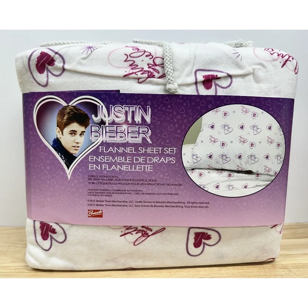 Justin Bieber Twin Bed Sheets Cotton Flannel Sheet Set 2013 White Hearts